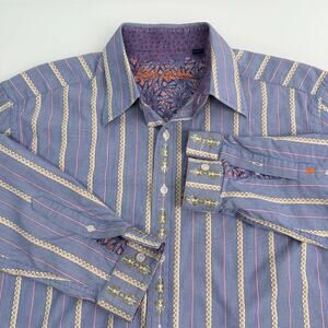 Robert Graham Blue Shirt Men's L Floral Embroidery Button Front
